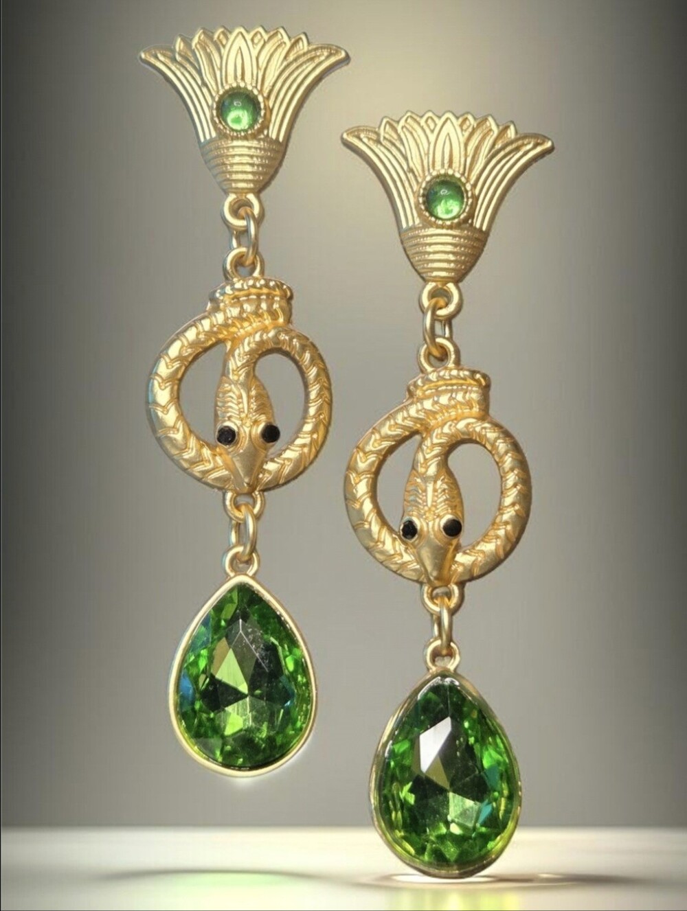 18k Matte Gold Plated Coiled Snake Green Crystal Drop Dangle Earrings